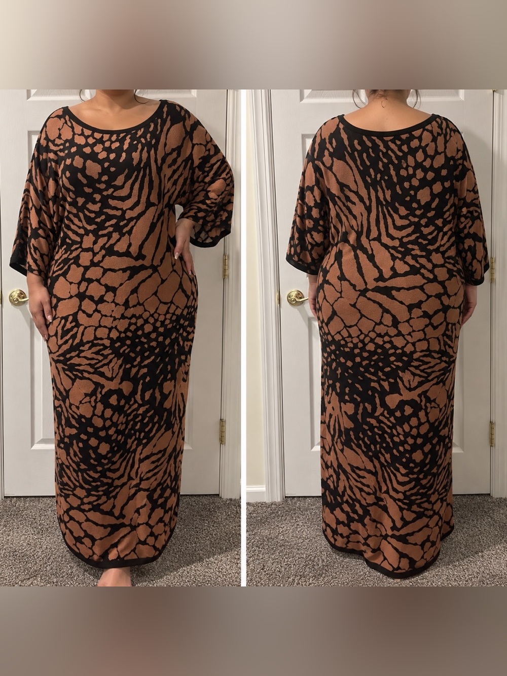 Anthropologie Black and Brown Abstract Animal-Print Maxi Dress